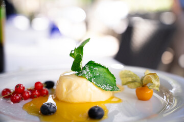 Panna cotta dessert with berries front view