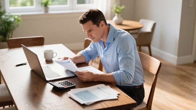 Man Working From Home at a Desk With Laptop and Paperwork in a Well-Lit Living Area
