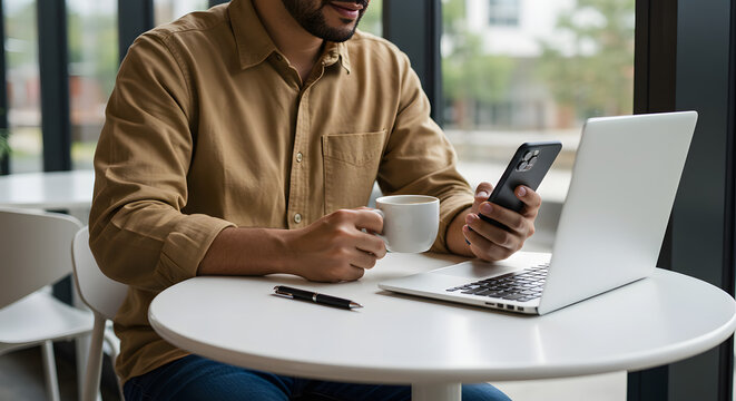 A man sits at a round table with a laptop and coffee, using his smartphone near a window.