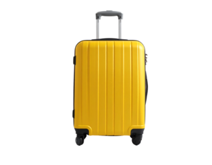 Yellow Carry-on Suitcase: Travel Luggage, Rolling Suitcase, Vacation Bag PNG, Transparent Background.