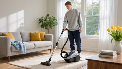 Young Man Cleaning Living Room With Vacuum in Bright, Modern Home During Daylight Hours
