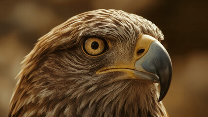Naklejka premium Majestic Golden Eagle Head Closeup with Piercing Yellow Eye and Detailed Feather Texture - Wild Bird of Prey Portrait
