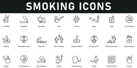 Smoking Icons vector illustration with thin line editable stroke containing cigarette, match, shisha, lighter, vape, cigar, smoke, pipe, cannabis, ashtray, nicotine patch, lung cancer, ban smoking.
