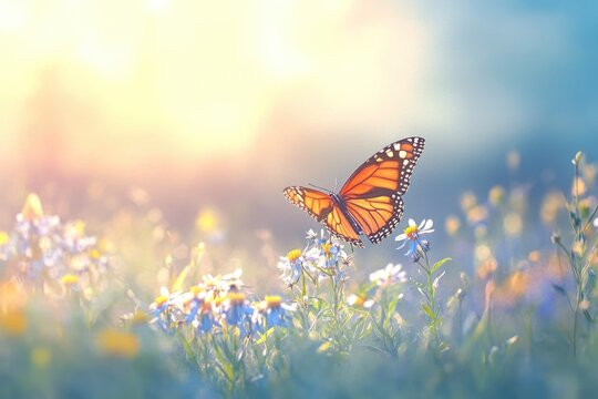A vibrant Monarch butterfly rests on delicate white wildflowers in a sun-drenched meadow, bathed in soft, ethereal morning light.