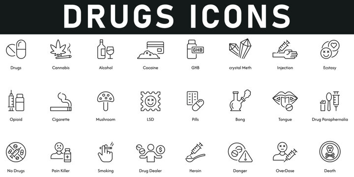 Drugs Icons vector illustration with thin line editable stroke containing cannabis, death, overdose, danger, painkiller, pills, mushroom, injection, cocaine, alcohol, bong, heroin, drug dealer, LSD.
