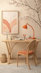 Cozy scandinavian inspired home office with a wooden desk orange lamp and blooming branches