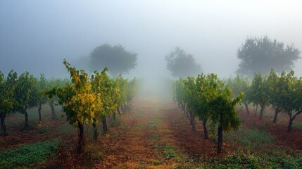 Mist Envelops a Tranquil Vineyard Path at Dawn, Revealing Lush Grapevines and Trees Under a Misty Sky