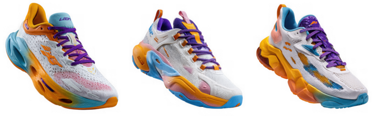 Three colorful athletic sneakers with vibrant orange, blue, and purple accents isolated on transparent background
