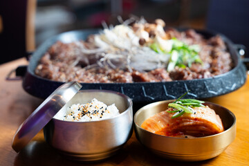Korean bulgogi set with rice and kimchi – front view