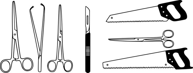 surgical instruments, including forceps, scalpels, scissors, and a saw, in a flat, minimalist style, monochromatic, white background