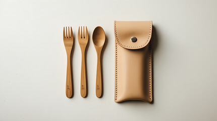 Eco-friendly reusable bamboo cutlery set with a leather pouch. Zero waste travel utensils including spoon, fork, and knife on a white background, flat lay