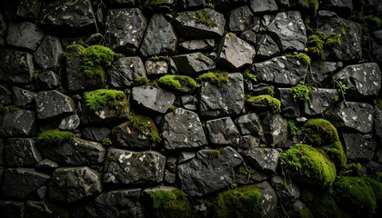 Dark, textured stone wall covered in patches of vibrant green moss.  Close-up view of irregular, interlocking stones
