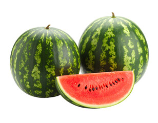Juicy Watermelon: Fresh Summer Fruit, Two Whole Watermelons and a Slice PNG, Transparent Background.