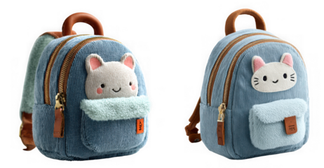 Two cute denim backpacks for children with adorable cat face designs isolated on transparent background