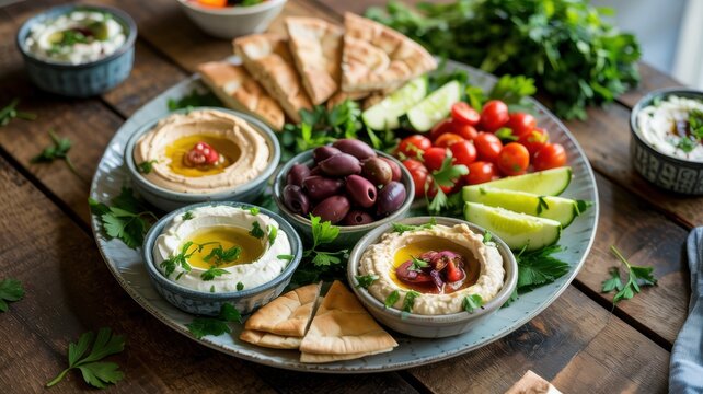 Hummus, tzatziki and baba ganush in bowls on a large platter. There are olives, cherry tomatoes, cucumber slices and feta cheese nearby.
Everything is served with lavash and garnished with parsley.