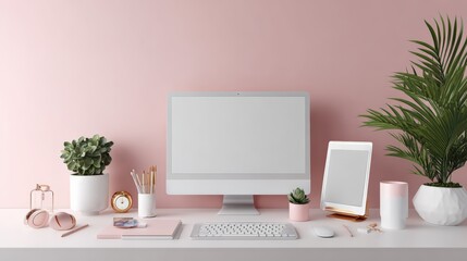Fototapeta premium Modern Feminine Workspace with Computer and Tablet on Pink Desk
