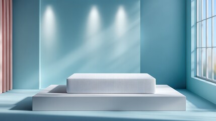Fototapeta premium Empty Blue Exhibition Room with Lit Platform