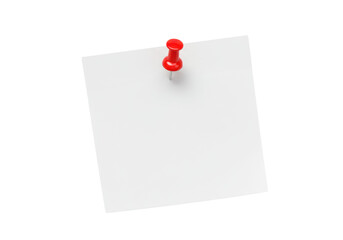 Pristine blank white square note paper with crisp edges and smooth texture, secured by a vibrant glossy red pushpin, against a transparent background with soft shadow. Concept of a blank note or