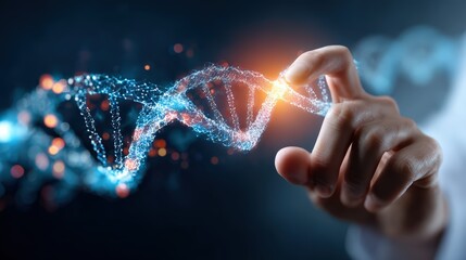 Hand Interacting with Glowing DNA Strand in Blue Background