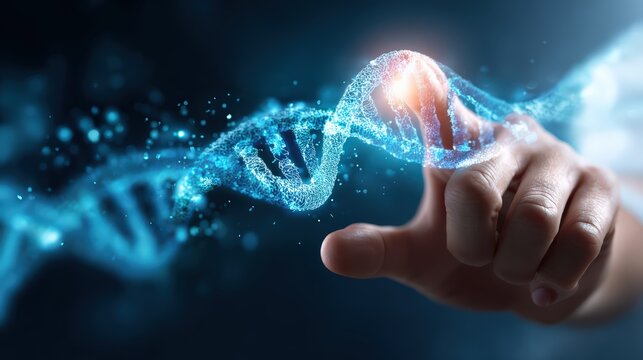 DNA Strand Touch Interface With Human Finger In Biotech Concept