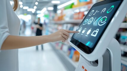 Woman Using Touchscreen Kiosk in Store for Self-Service Checkout, retail , automation
