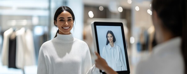 Woman Using Virtual Mirror in Clothing Store, fashion tech ,shopping experience