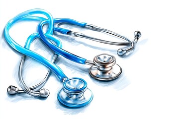 Blue medical stethoscope illustration with metallic details and soft shading on isolated white background, perfect for healthcare design and branding, Generative AI