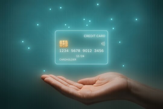 Digital Credit Card Hologram Floating Above Hand