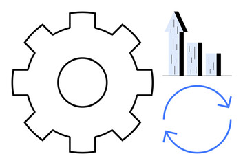 Gear symbol for process, upward bar graph for growth, circular arrows for cycles and improvement. Ideal for business strategy, automation, productivity, innovation, efficiency, progress simple