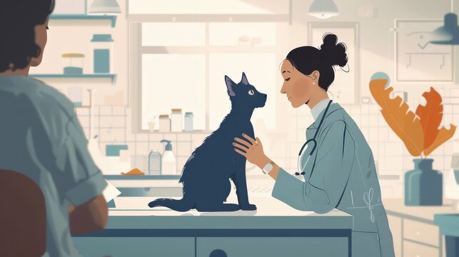In a modern illustration, a female veterinarian with her hair in a bun gently examines a calm black cat. The scene, with the owner present, is clean and minimalist, highlighting professional and compa