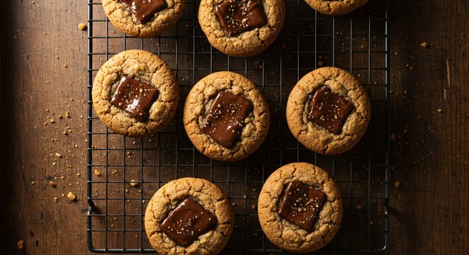 Delicious peanut butter blossom cookies topped with rich dark chocolate on a cooling rack - Powered by Adobe