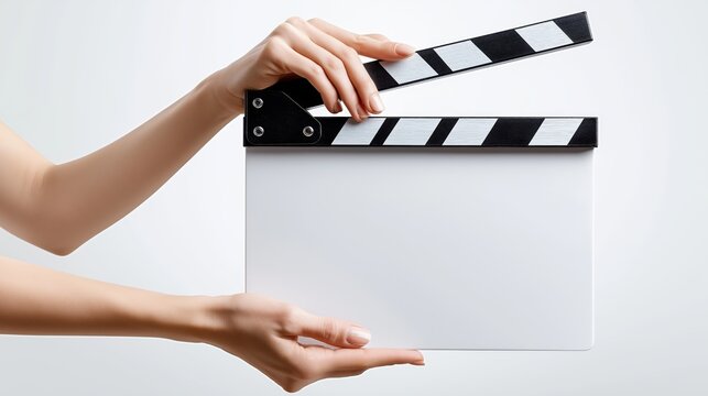 Hands holding a classic clapperboard against a white background symbolizing movie production, direction and cinematic action start, Generative AI