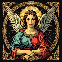 Obraz premium Angel illustration in Renaissance still-life style with intense colors for t-shirt design