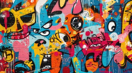 Obraz premium A chaotic and energetic graffiti mural filled with cartoon faces and characters showing various expressions. The vibrant, clashing colors and messy spray-paint drips create a raw, dynamic urban artwor