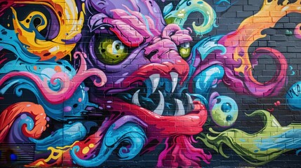 A powerful graffiti mural of a fierce, dragon-like creature on a dark brick wall. The beast has glowing green eyes and sharp fangs, rendered in swirling, vibrant colors of purple, pink, and blue