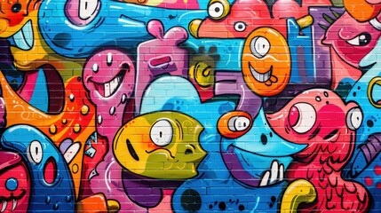Fototapeta premium A playful and friendly graffiti mural featuring a crowd of cute, colorful cartoon monsters. The blob-like characters have big, happy eyes and wide smiles, creating a cheerful and whimsical scene