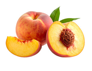 Juicy Peaches: Fresh Fruit, Peach Slices, Summer Produce, Healthy Eating PNG, Transparent Background.