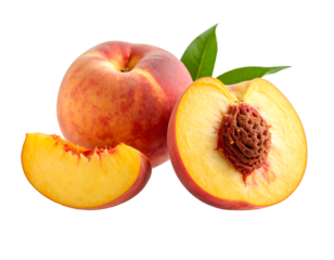 Juicy Peaches: Fresh Fruit, Peach Slices, Summer Produce, Healthy Eating PNG, Transparent Background.