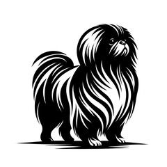 Vector illustration of pekingese dog in black strokes and lines. Family pet, love and care for animals, adoption fair. Types of breeds, decoration for grooming salon or vet clinic	