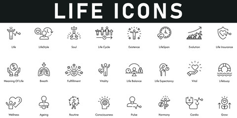 Life Icons vector illustration with thin line editable stroke contains grow, cardio, harmony, routine, wellness, life balance, fulfilment, existence, soul, breathe, lifespan, lifestyle, ageing, vital	