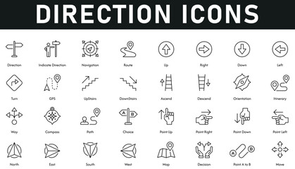 Direction Icons vector illustration with thin line editable stroke containing move, decision, map, east west, point, choice, path, compass, way, orientation, ascend, downstairs, GPS, turn, route.	