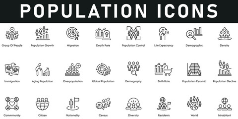 Population Icons vector illustration with thin line editable stroke containing inhabitant, world, residents, diversity, census, nationality, community, population growth and decline, global population