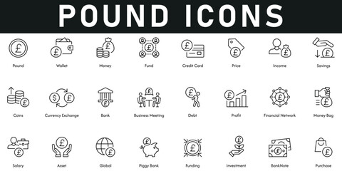 Pound Icons vector illustration with thin line editable stroke containing banknote, investment, assets, salary, financial network, profit, debt, currency exchange, coins, saving, price, income, fund.
