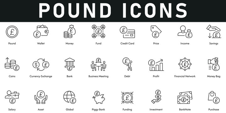 Pound Icons vector illustration with thin line editable stroke containing banknote, investment, assets, salary, financial network, profit, debt, currency exchange, coins, saving, price, income, fund.