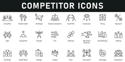 Competitor Icons vector illustration with thin line editable stroke containing advantage, rival, tournament, analysis, strategy, market share, contender, ranking, weakness, fight, opponent, challenger