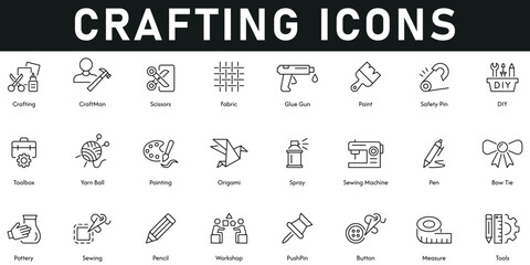 Crafting Icons vector illustration with thin line editable stroke containing tools, measure, button, pushpin, workshop, sewing, pottery, spray, painting, tarn ball, toolbox, safety pin, scissors, glue