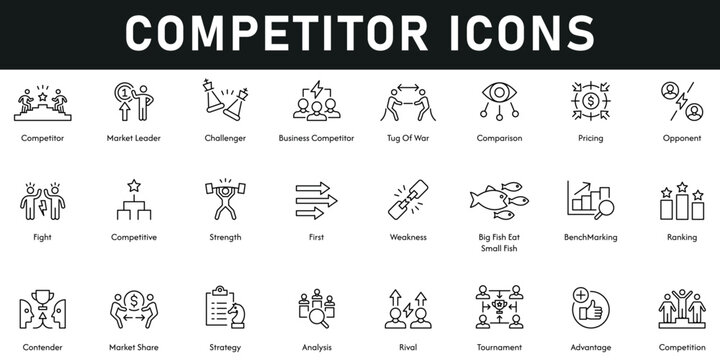 Competitor Icons vector illustration with thin line editable stroke containing advantage, rival, tournament, analysis, strategy, market share, contender, ranking, weakness, fight, opponent, challenger