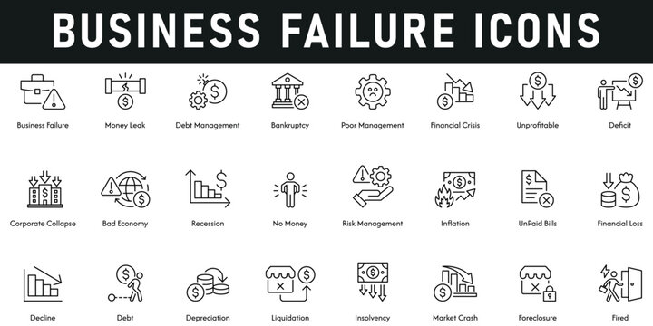 Business Failure Icons vector illustration with thin line editable stroke containing market crash, debt, decline, corporate collapse, bad economy, recession, risk management, financial loss, fired.