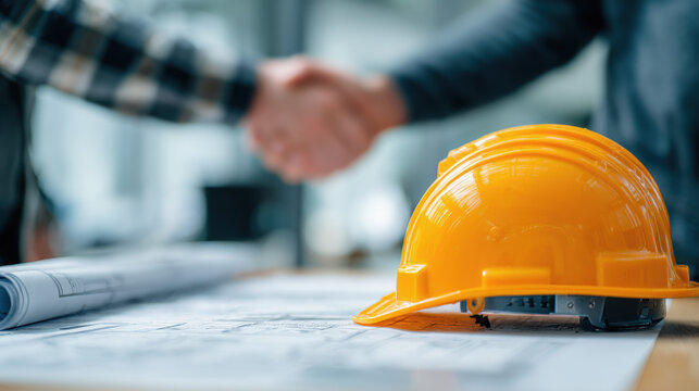 casco de trabajo en la construccion de color  naranja en mesa de despacho con planos arquitect&oacute;nicos con apreton de manos en se&ntilde;al de acuerdo de dos hombres al fondo