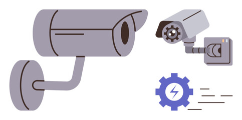Two security cameras in modern design, with power and automation gear icons. Ideal for safety, monitoring, privacy, data protection, smart systems, urban security, simple flat metaphor